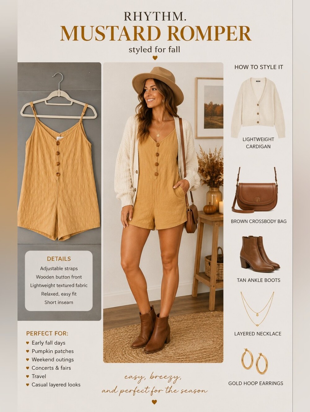 Rhythm Mustard Romper XS Adjustable Straps Boho Fall Summer